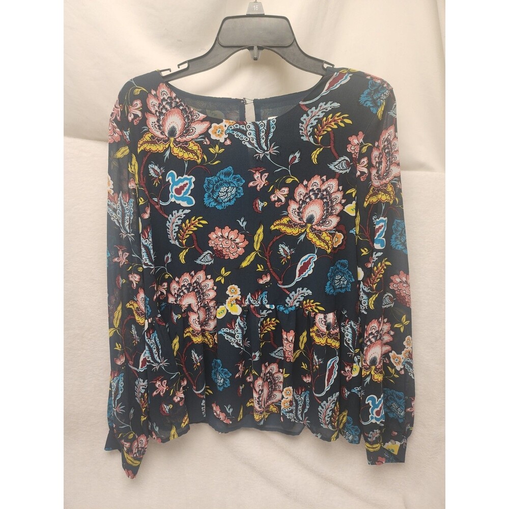 Ann Taylor Loft Floral Navy 2 Layer Blouse Top Long Sleeve Women M